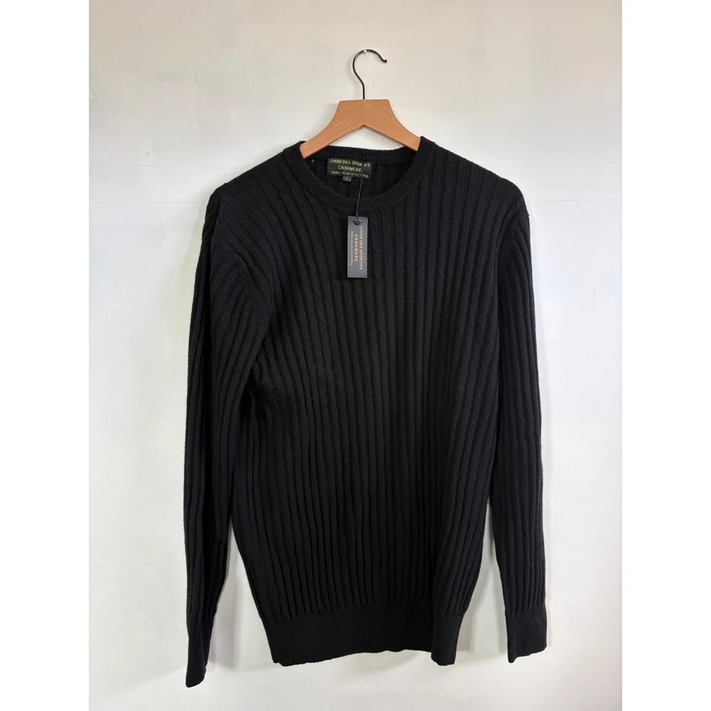 Choix Des Sportifs Cashmere Sweater Mens Large Black Ribbed Knit Crewneck NWT